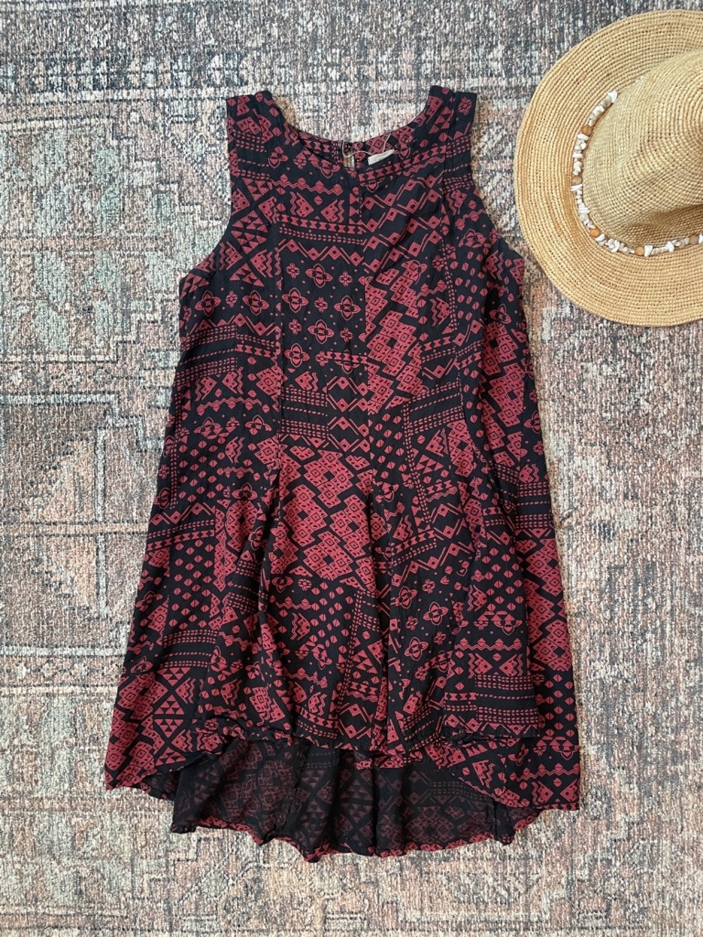 Ecote Printed Swing Dress Size S Red Black Sleeveless Boho A-Line Mini